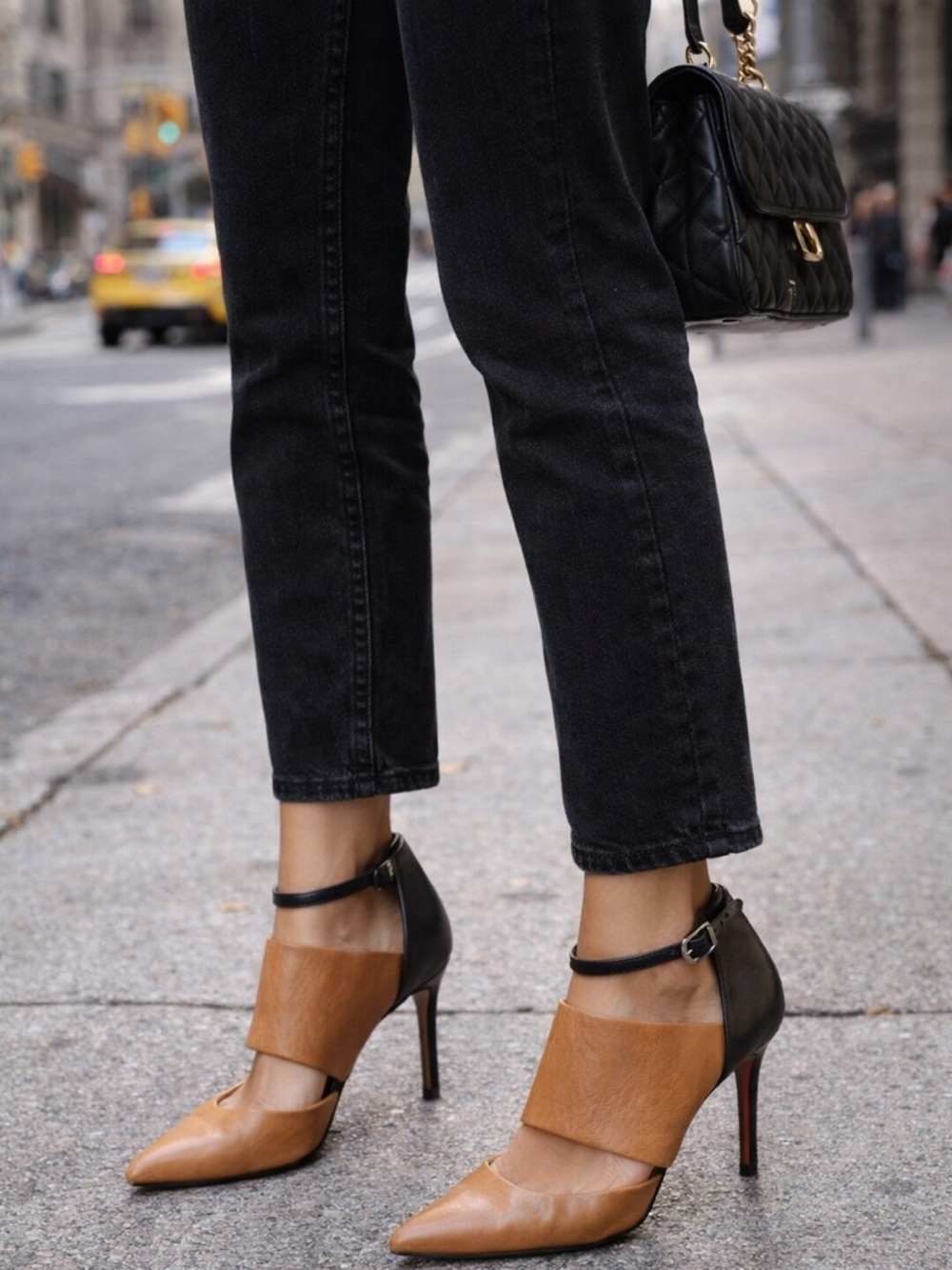 Coach Two-Tone Tan and Black Pointed Toe Ankle-Strap Heels